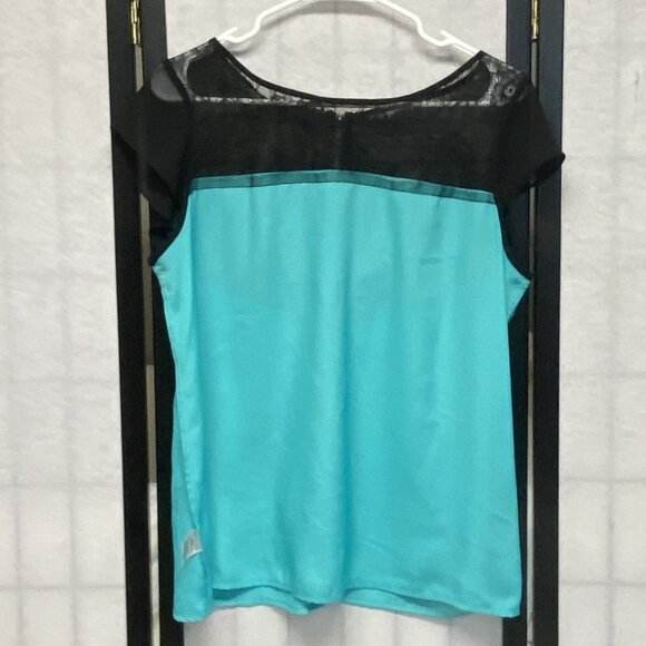 Allen B Allen Schwartz Sheer Lace Bodice Cap Sleeve Back Zip Top Turquoise Black - Picture 5 of 11